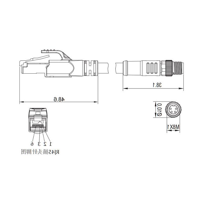 M8 4-PIN straight male RJ45 Straight male, double-end precast PUR flexible cable, shielded, green sheath, 0C3021-XXX